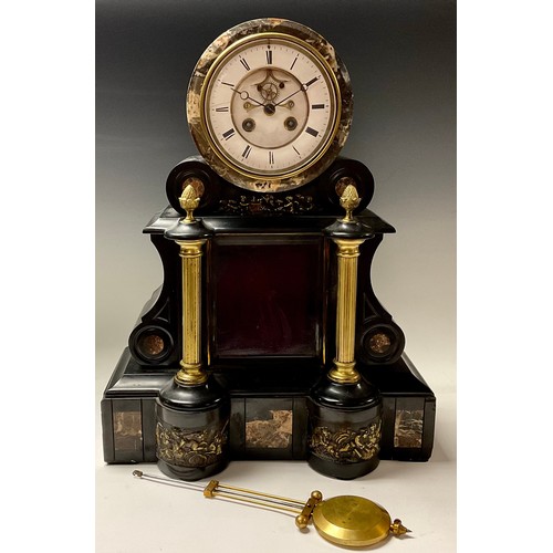 99 - A large 19th century belge noir and bronze drumhead mantel clock, Breguet escapement, Machenaud, Par... 