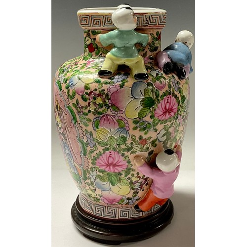 145 - A Chinese Famille Rose six boys vase, on hardwood stand, 31cm high overall