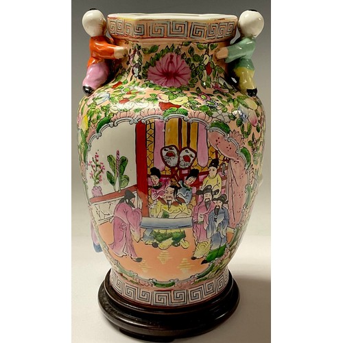 145 - A Chinese Famille Rose six boys vase, on hardwood stand, 31cm high overall