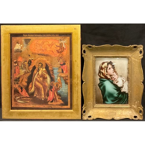 200 - A Victorian crystoleum, Madonna and Child, 26cm x 21.5cm; an icon, Life of the Prophet Elijah (2)