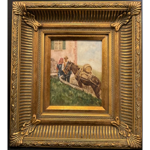 215 - Spanish School
Figures and a Donkey
indistinctly signed, dated 1923, oil on board, 23cm x 18cm