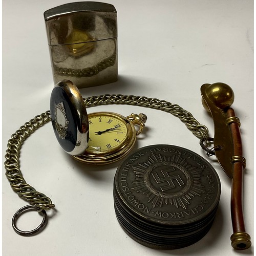 320 - A Panzer division snuff box; a bosun's whistle; a lighter; a pocket watch