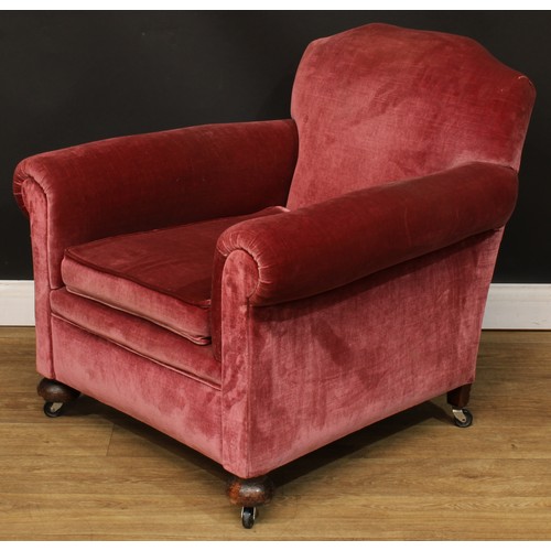 110 - A Howard style easy armchair, shaped back, scroll arms, stuffed-over upholstery, squab cushion, 82cm... 