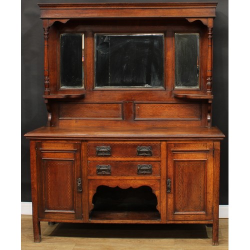 210 - An Arts & Crafts period oak mirror-back dog kennel side cabinet, outlined throughout with chequered ... 