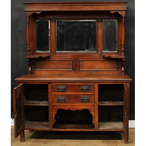 210 - An Arts & Crafts period oak mirror-back dog kennel side cabinet, outlined throughout with chequered ... 