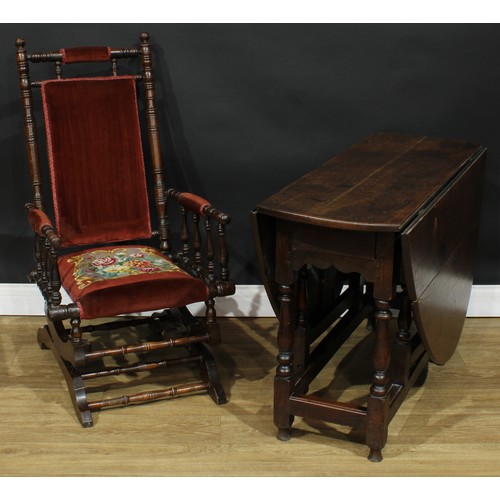 587 - A late 18th century oak gateleg table, 69cm high, 42cm opening to 143.5cm long, 110cm wide; an early... 