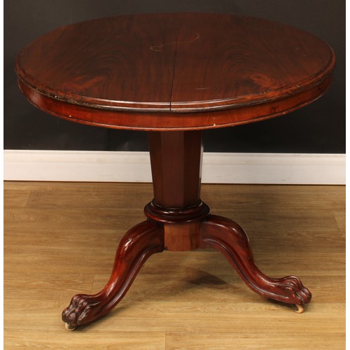 589 - A Victorian mahogany centre table, oval top, panelled column, cabriole legs, paw feet, casters, 71.5... 