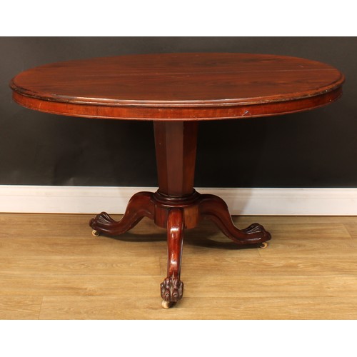 589 - A Victorian mahogany centre table, oval top, panelled column, cabriole legs, paw feet, casters, 71.5... 