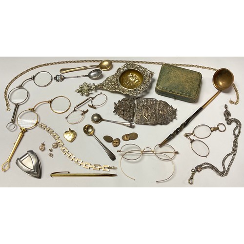 604 - Boxes and Objects - lorgnettes, tea strainer, nurses buckle, cufflinks; a brass toddy ladle;  etc