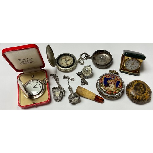 605 - A chrome plated compass;  another, Chinese;  marcasite nurses watches;  Home Watch Co travelling clo... 