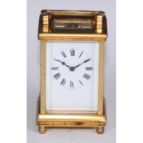 150A - An early 20th century French gilt brass carriage timepiece, 5.5cm rectangular enamel clock dial insc... 