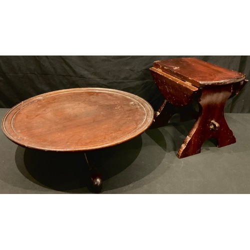 608 - A mahogany Lazy Susan, tripod base, 48cm diam;  a small oval drop leaf side table/stool, 26cm high, ... 