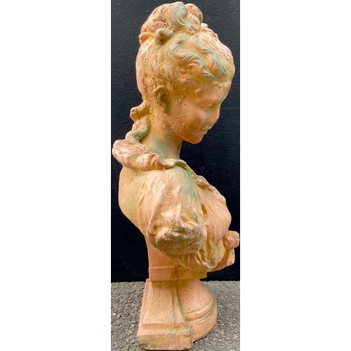 3033 - A weathered composite terracotta effect bust, as a Maiden, 67cm high, 39cm wide


**Please note that... 