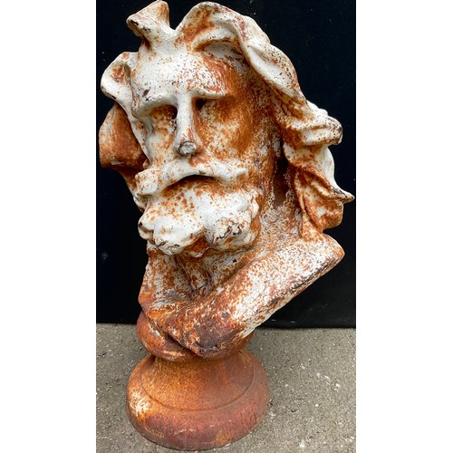 3019 - A Victorian cast iron garden bust, Zeus, turned socle, now painted, 60cm high, c.1850

**Please note... 