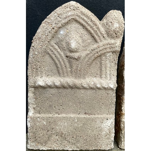 3016 - A set of five garden edging stones, in concrette, of Gothic form, 38cm high