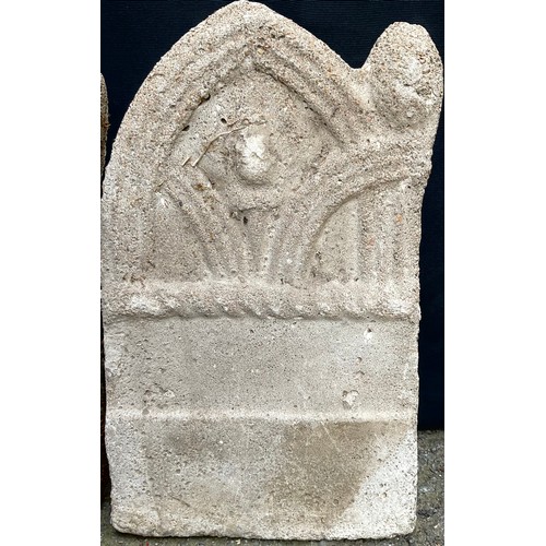 3016 - A set of five garden edging stones, in concrette, of Gothic form, 38cm high