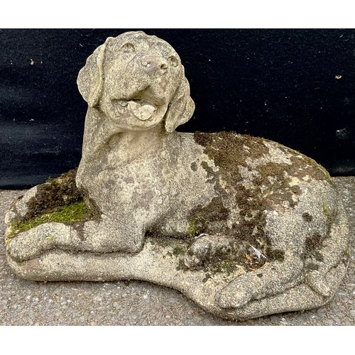 3061 - A reconstituted garden statue, of a dog, reclining, 50cm wide;  another, of Mrs Tabitha Twitchet, 56... 