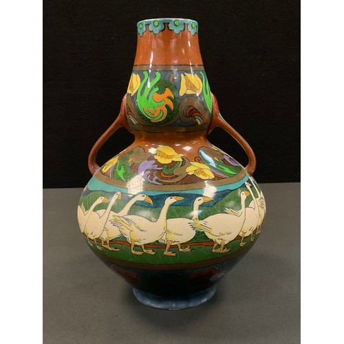 5 - A Wileman & Co. Foley Intarsio two handled double gourd vase,  designed by Frederick Rhead, decorate... 