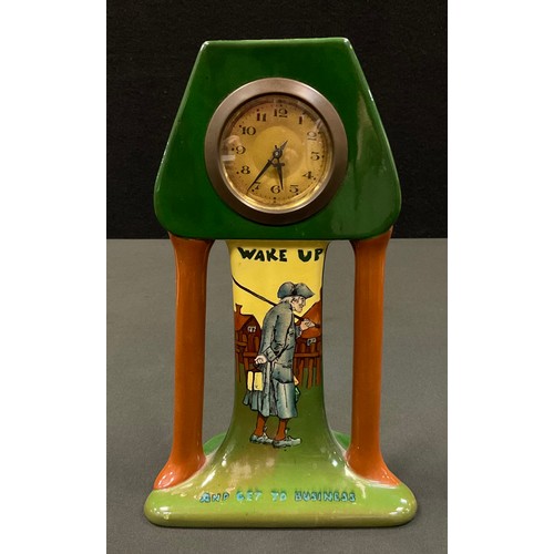 1 - A  Wileman & Co Foley Intarsio clock, designed by Frederick Rhead, Wake up and get to Business, the ... 