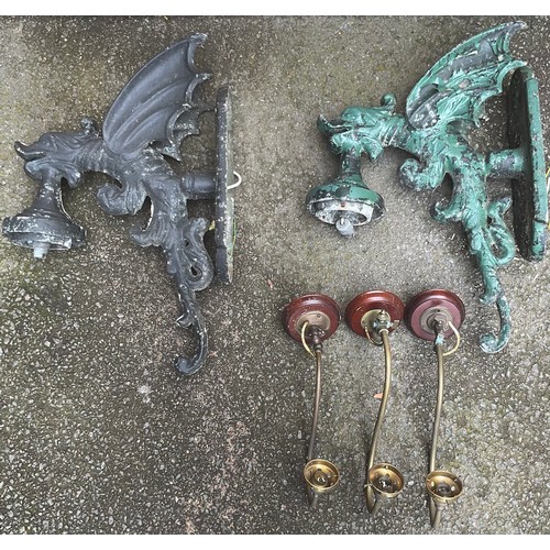 3126 - Architectural salvage - a pair of cast metal dragon-form wall mounted lamps, etc. height 64cm width ... 