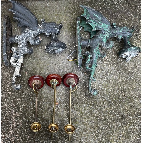 3126 - Architectural salvage - a pair of cast metal dragon-form wall mounted lamps, etc. height 64cm width ... 