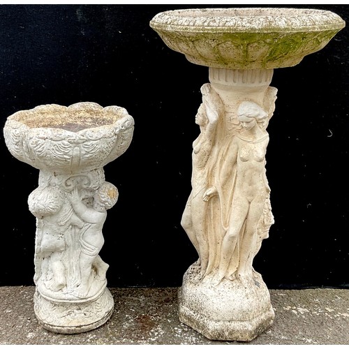 3081 - A reconstituted bird bath, the column with three classical ladies, 79cm high;  another, smaller, 54c... 