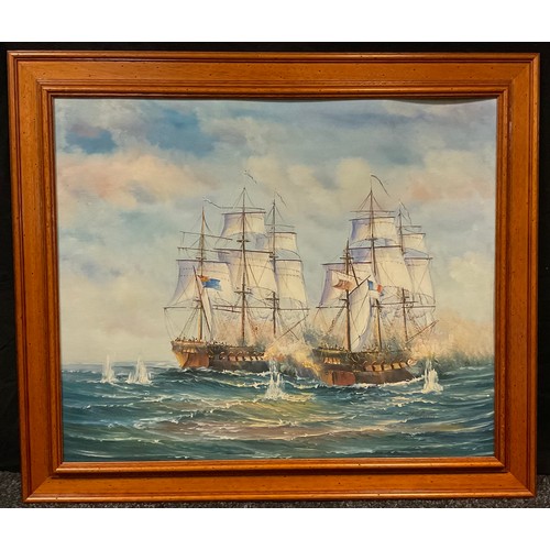 32 - Ambrose, Clipper at Full Sail, signed oil on canvas laid on board, 39cm x 49cm;  Melville, Naval War... 