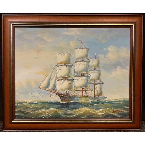 32 - Ambrose, Clipper at Full Sail, signed oil on canvas laid on board, 39cm x 49cm;  Melville, Naval War... 