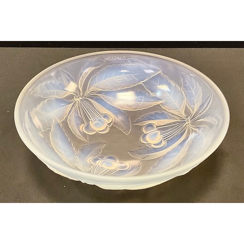 47 - A G Vallon French Opalescent Art Glass bowl, Cherries, 23.5cm diameter, cast signature