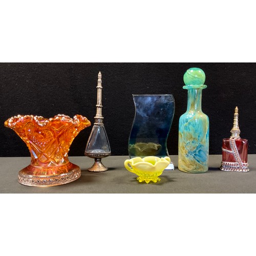 155 - A Mdina glass bottle vase, unmarked;  Carnival glass vase/bowl stand;  Rose water sprinklers etc