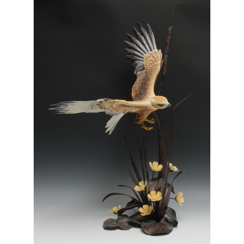 470 - A Boehm Porcelain and bronze ornithological model,  Marsh Harrier with waterlilies, 71cm high