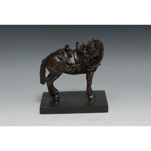 1669 - Continental School, a brown patinated bronze, of a Russian military horse, rectangular marble base, ... 