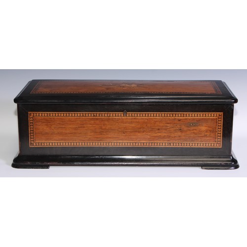 1629 - A 19th century simulated rosewood, parcel-ebonised and marquetry musical box, the tune sheet marked ... 