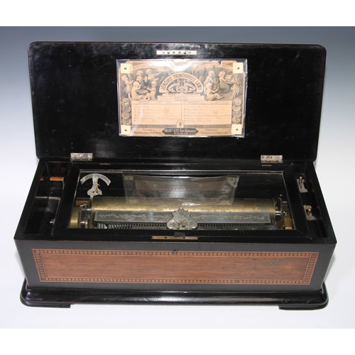 1629 - A 19th century simulated rosewood, parcel-ebonised and marquetry musical box, the tune sheet marked ... 