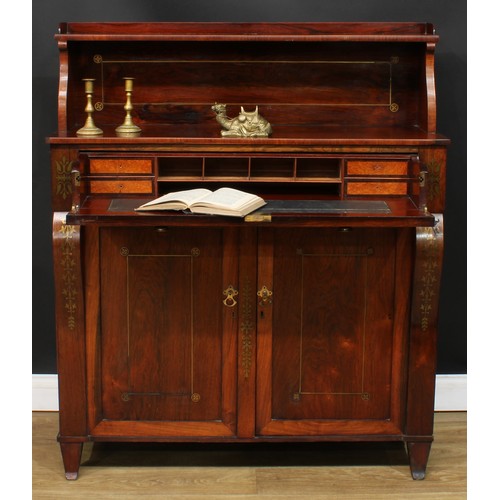 1773 - A Regency rosewood and brass marquetry secretaire chiffonier, shaped superstructure with shallow she... 