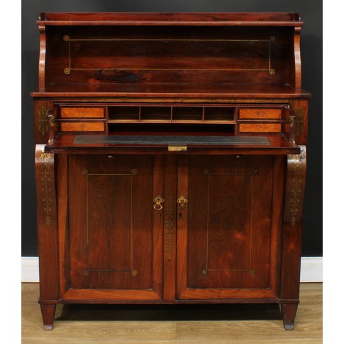 1773 - A Regency rosewood and brass marquetry secretaire chiffonier, shaped superstructure with shallow she... 