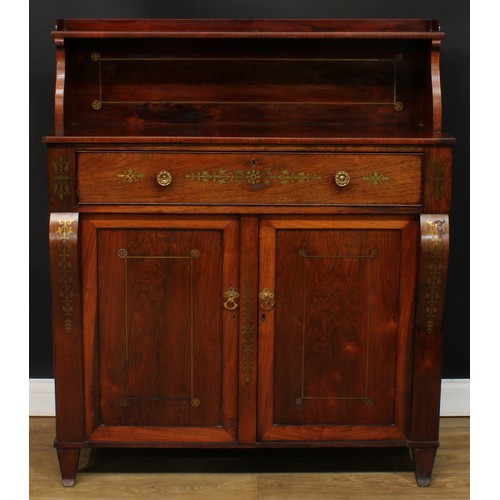 1773 - A Regency rosewood and brass marquetry secretaire chiffonier, shaped superstructure with shallow she... 