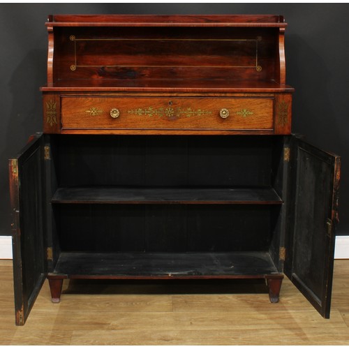 1773 - A Regency rosewood and brass marquetry secretaire chiffonier, shaped superstructure with shallow she... 