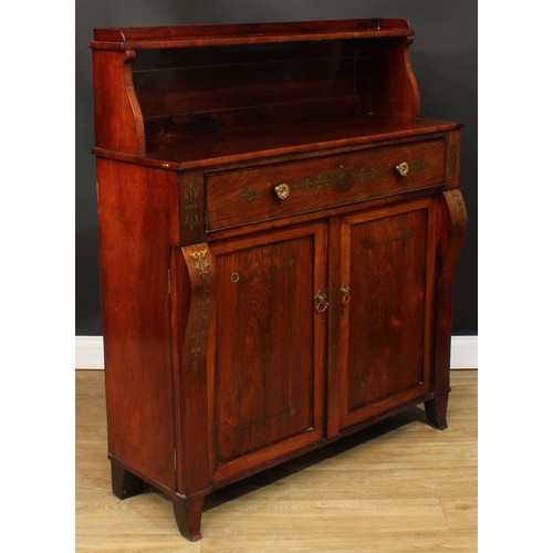 1773 - A Regency rosewood and brass marquetry secretaire chiffonier, shaped superstructure with shallow she... 