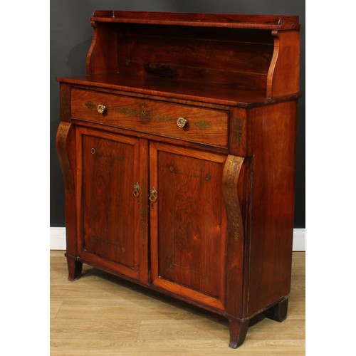 1773 - A Regency rosewood and brass marquetry secretaire chiffonier, shaped superstructure with shallow she... 