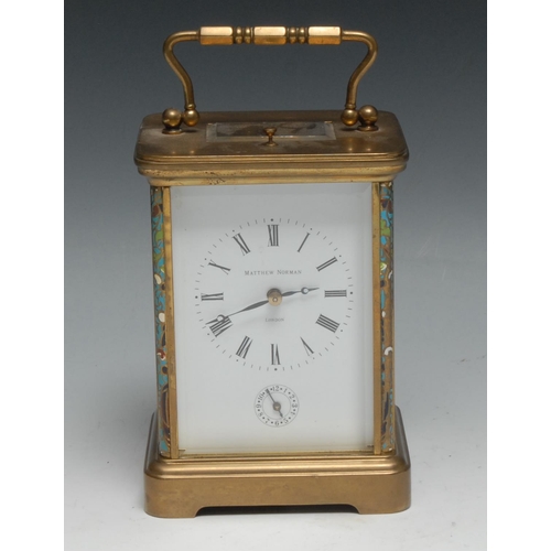 1828 - A Matthew Norman brass and champleve enamel alarm carriage timepiece, 7cm rectangular enamel dial in... 