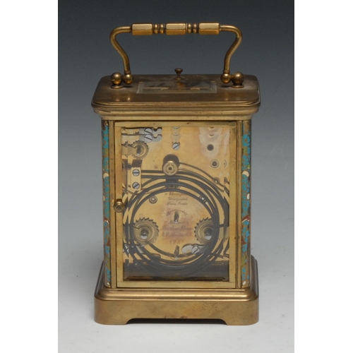 1828 - A Matthew Norman brass and champleve enamel alarm carriage timepiece, 7cm rectangular enamel dial in... 