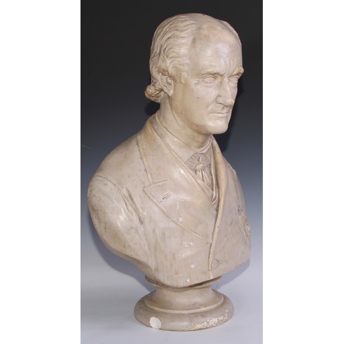 A 19th century plaster library bust, of a gentleman, wearing an order ...