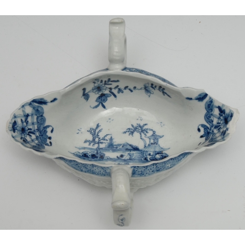 673 - A Worcester two handled sauceboat,  painted with the Two Handled sauceboat landscape with four circu... 