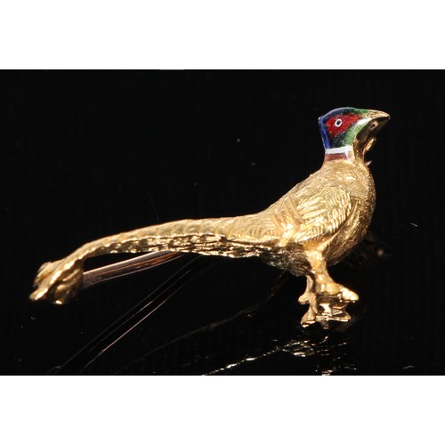 415 - A 9ct gold and enamel standing pheasant brooch, 3.5cm wide, marked 375, Alabaster and Wilson, Birmin... 