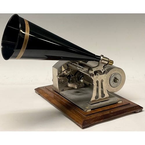 1330 - An early 20th century phonograph, black horn, 32cm wide