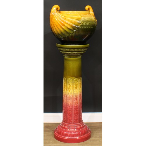 480 - A large Egyptianesque jardiniere and pedestal, possibly designed by Christopher Dresser for Ault Pot... 