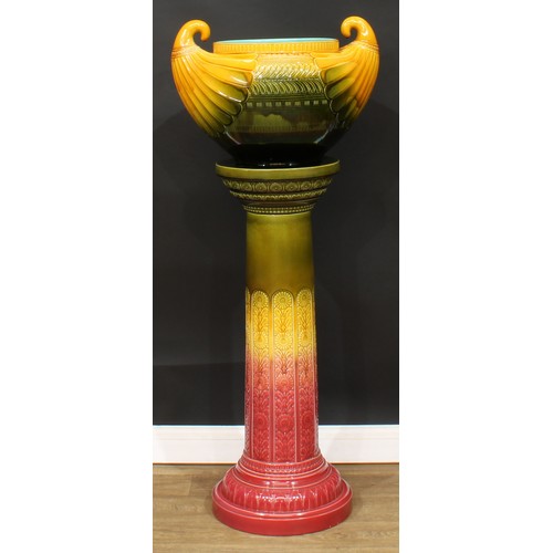 480 - A large Egyptianesque jardiniere and pedestal, possibly designed by Christopher Dresser for Ault Pot... 