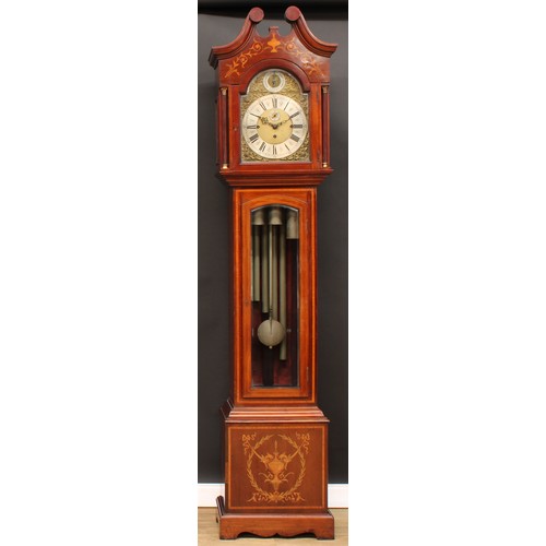 2127 - A Sheraton Revival satinwood crossbanded mahogany and marquetry longcase clock, 32cm arched brass di... 