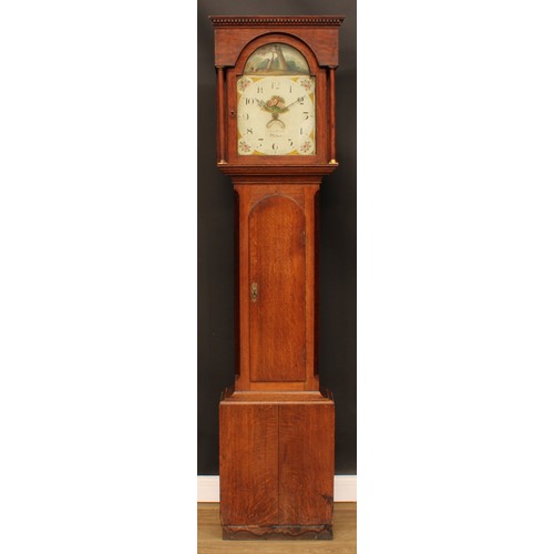 2114 - A 19th century oak longcase clock, 30.5cm arched painted dial inscribed Chris Dixon, Hexham, Arabic ... 